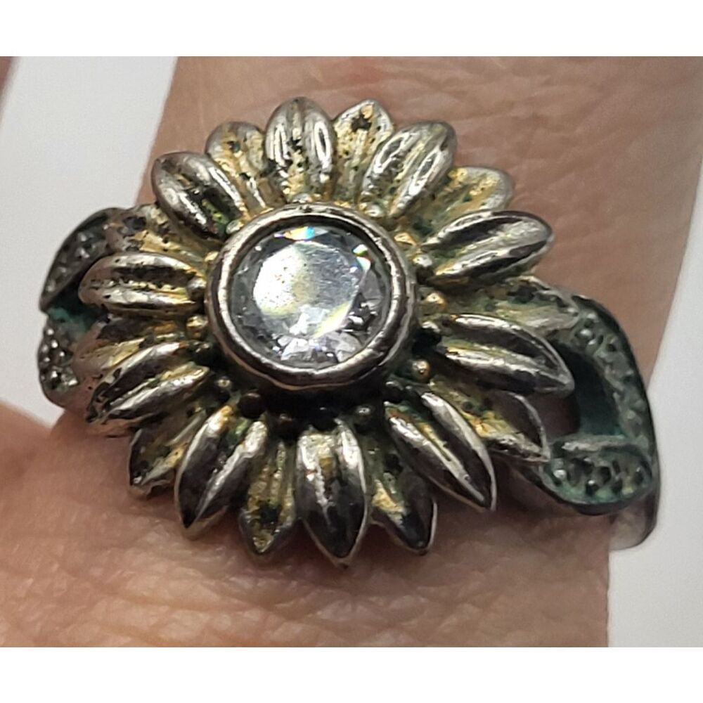 Estate Sterling Silver Two Tone Sunflower S925 CZ ring Size 8.5